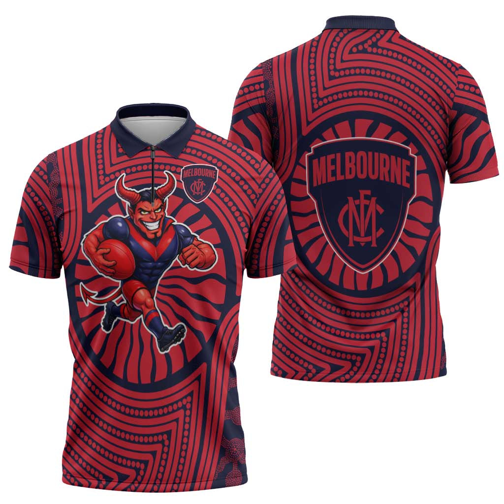 Melbourne Football Club Zipper Polo Shirt Indigenous Monochrome Dot Art Mascot Style
