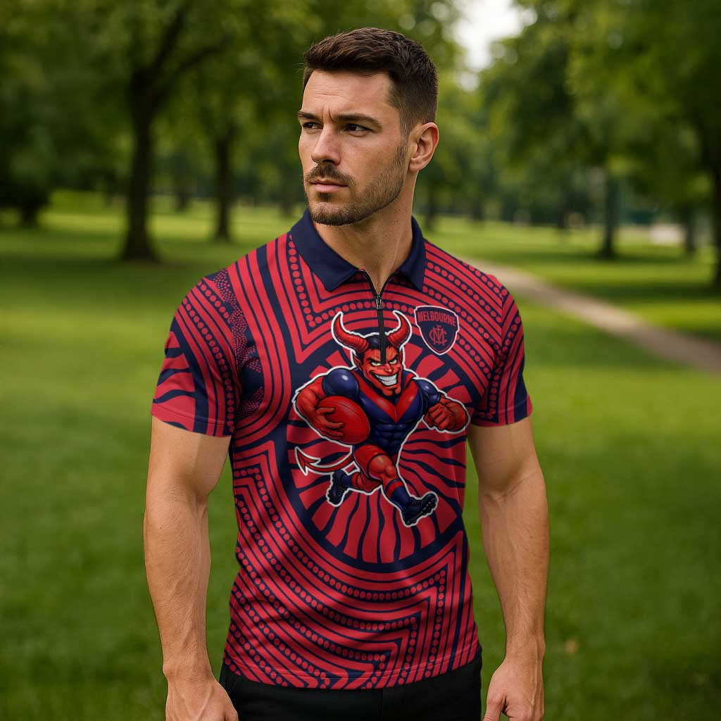 Melbourne Football Club Zipper Polo Shirt Indigenous Monochrome Dot Art Mascot Style