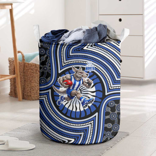 North Melbourne Kangaroos Laundry Basket Indigenous Monochrome Dot Art Mascot Style