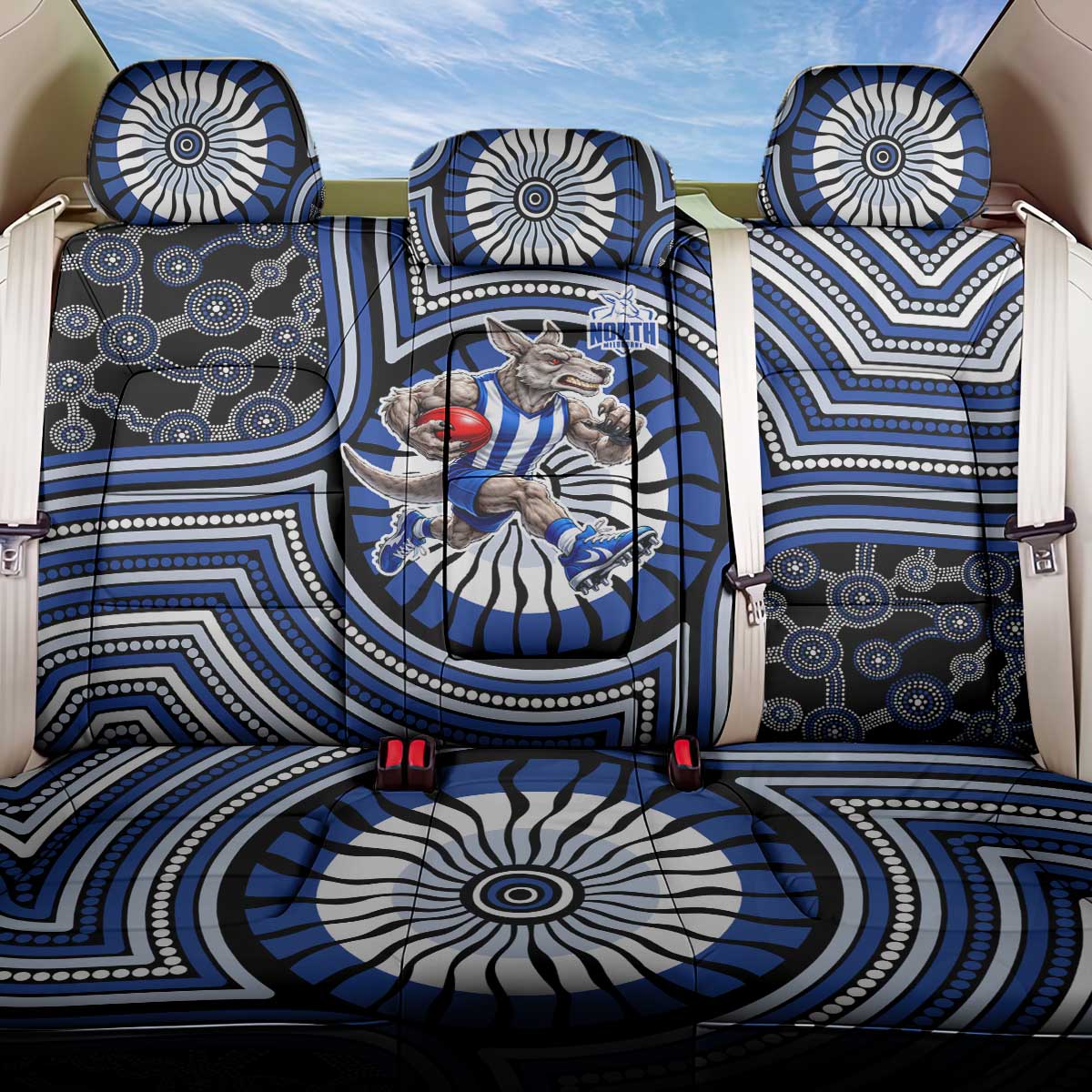 North Melbourne Kangaroos Back Car Seat Cover Indigenous Monochrome Dot Art Mascot Style