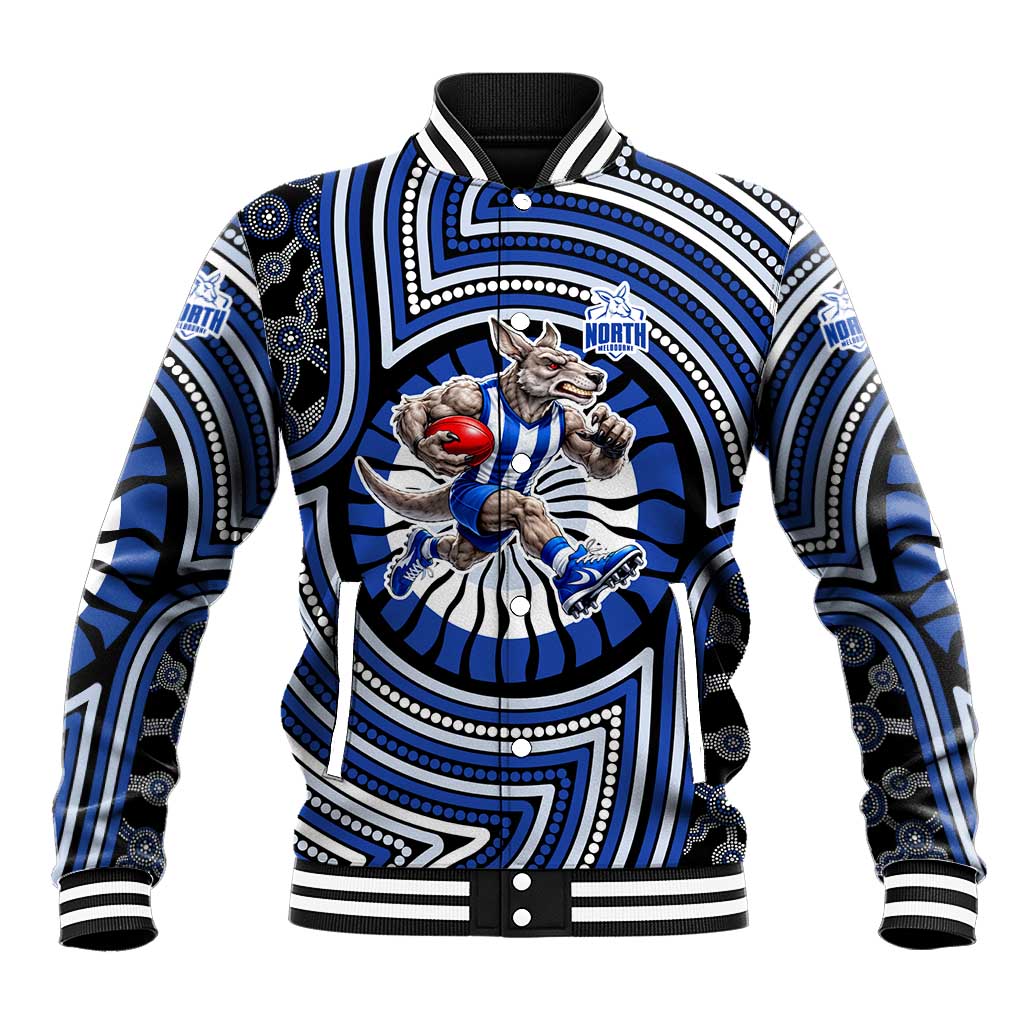 North Melbourne Kangaroos Baseball Jacket Indigenous Monochrome Dot Art Mascot Style