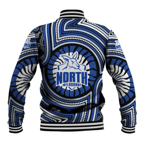North Melbourne Kangaroos Baseball Jacket Indigenous Monochrome Dot Art Mascot Style
