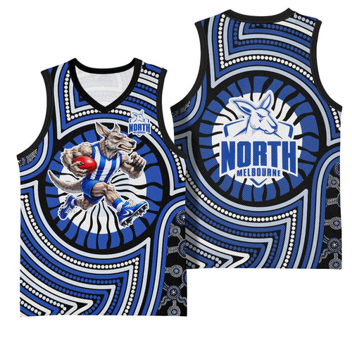 North Melbourne Kangaroos Basketball Jersey Indigenous Monochrome Dot Art Mascot Style