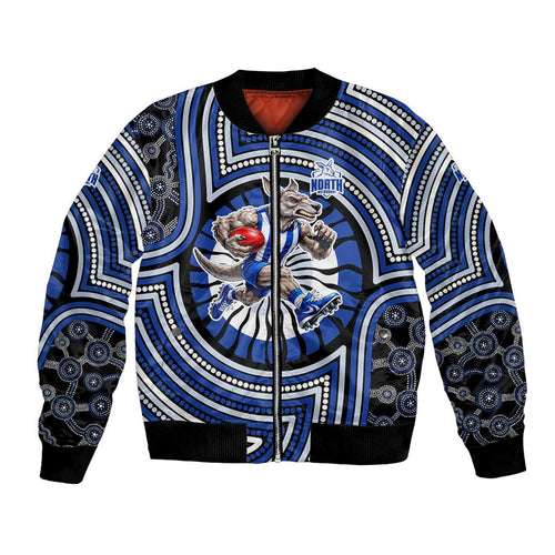 North Melbourne Kangaroos Bomber Jacket Indigenous Monochrome Dot Art Mascot Style