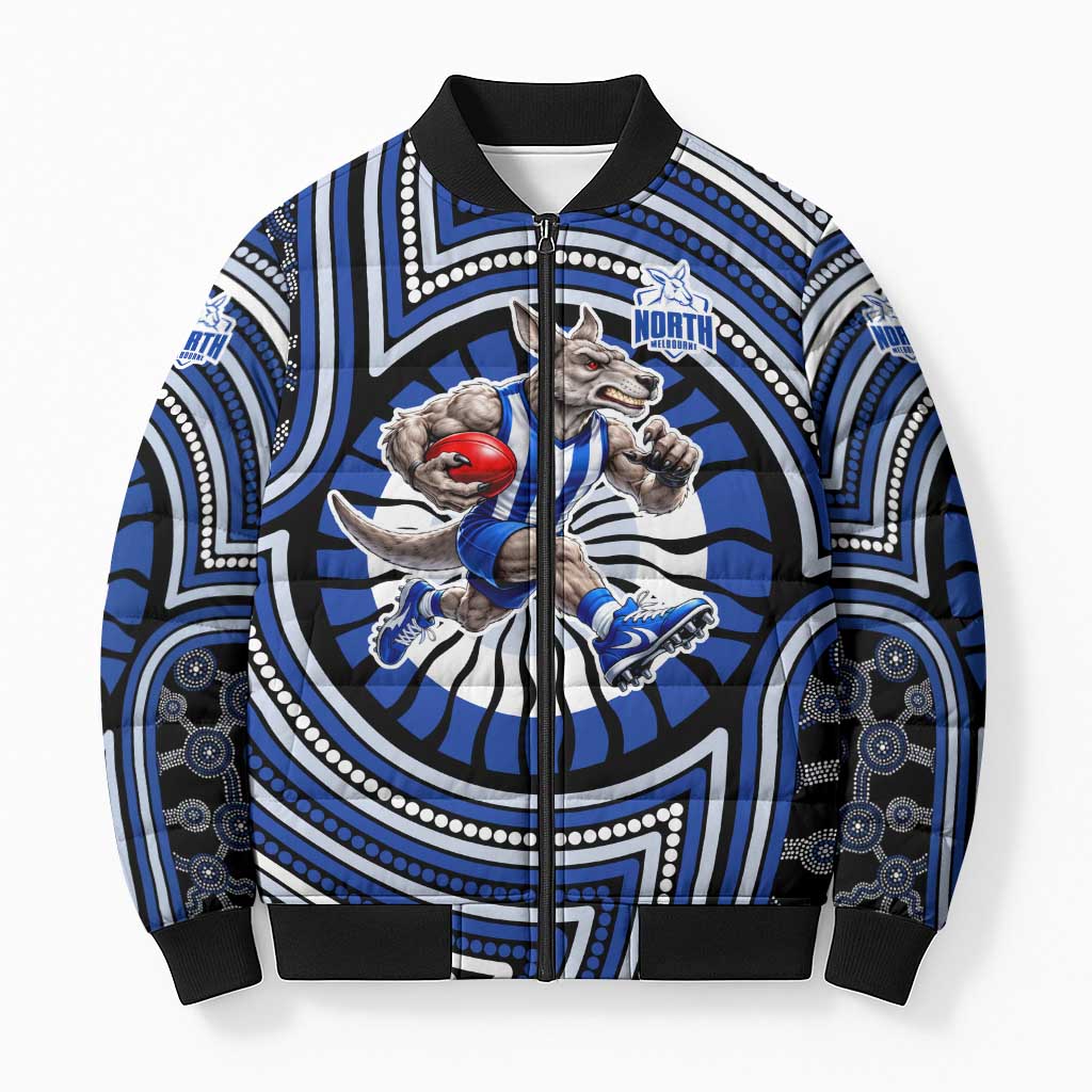 North Melbourne Kangaroos Bomber Puffer Jacket Indigenous Monochrome Dot Art Mascot Style