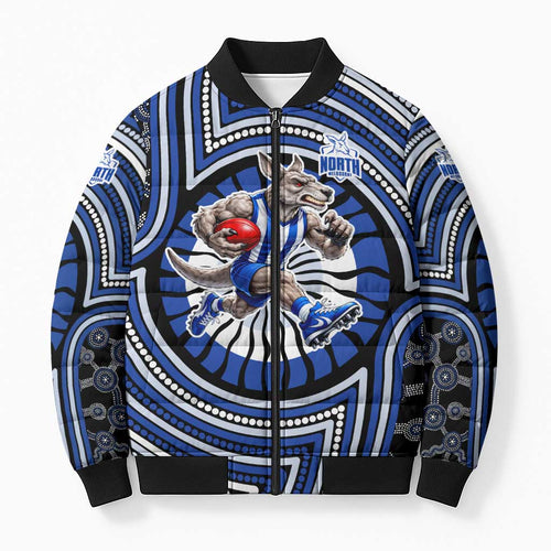 North Melbourne Kangaroos Bomber Puffer Jacket Indigenous Monochrome Dot Art Mascot Style