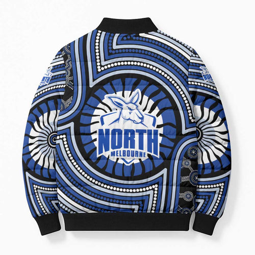 North Melbourne Kangaroos Bomber Puffer Jacket Indigenous Monochrome Dot Art Mascot Style