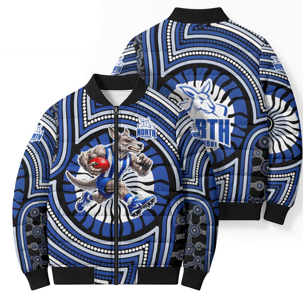 North Melbourne Kangaroos Bomber Puffer Jacket Indigenous Monochrome Dot Art Mascot Style