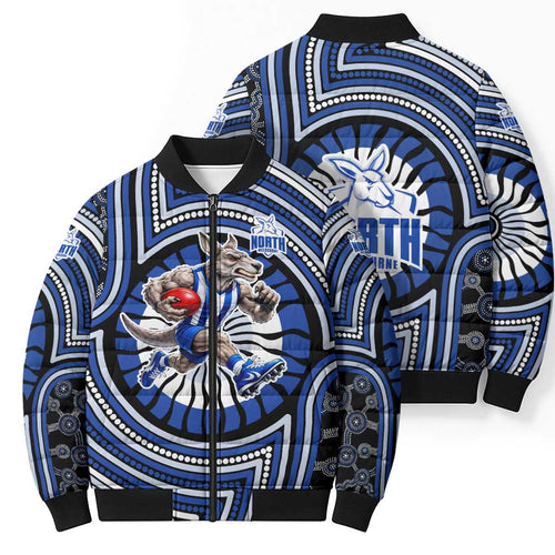 North Melbourne Kangaroos Bomber Puffer Jacket Indigenous Monochrome Dot Art Mascot Style