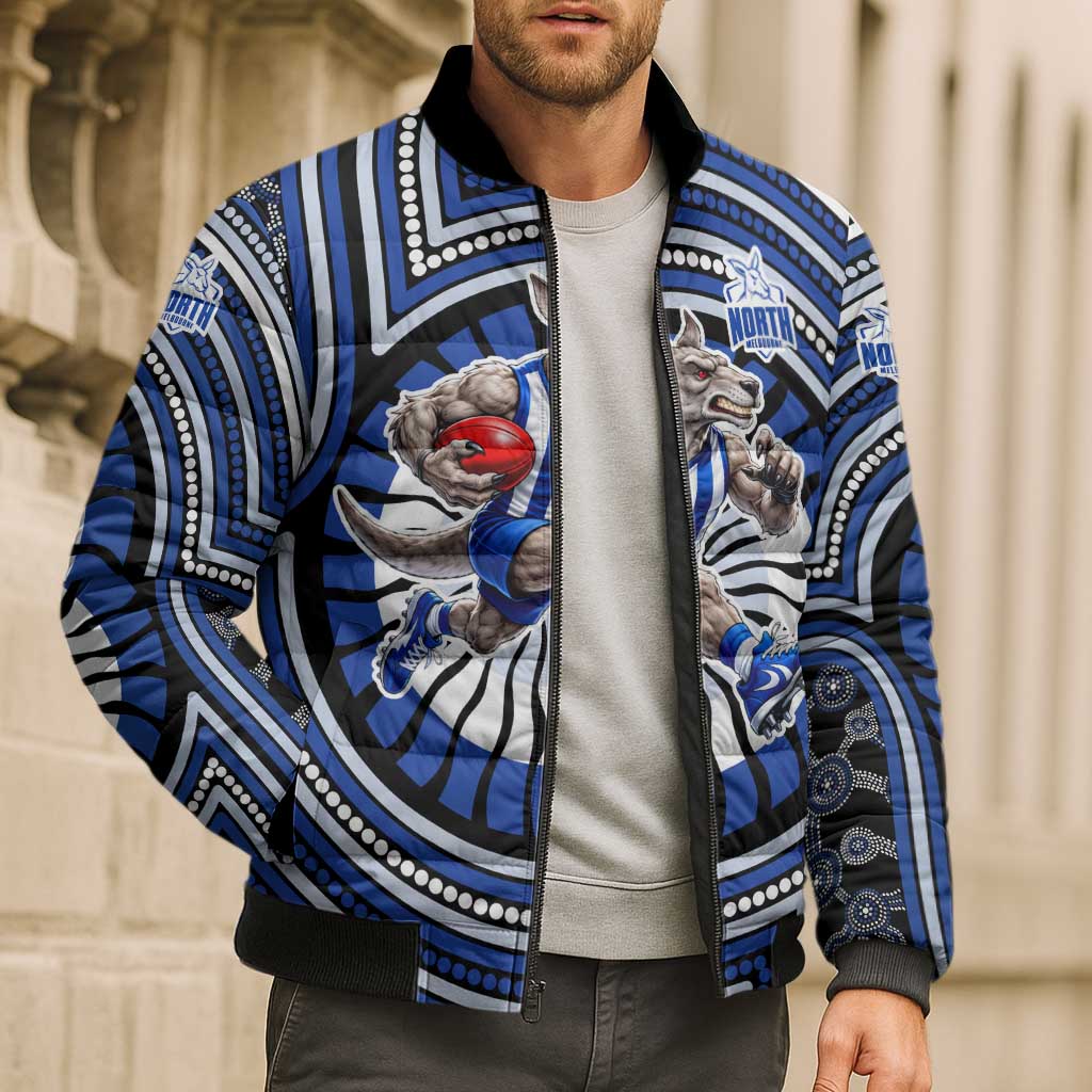 North Melbourne Kangaroos Bomber Puffer Jacket Indigenous Monochrome Dot Art Mascot Style