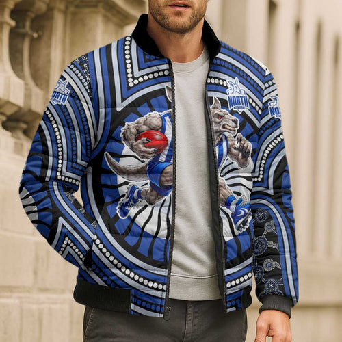 North Melbourne Kangaroos Bomber Puffer Jacket Indigenous Monochrome Dot Art Mascot Style