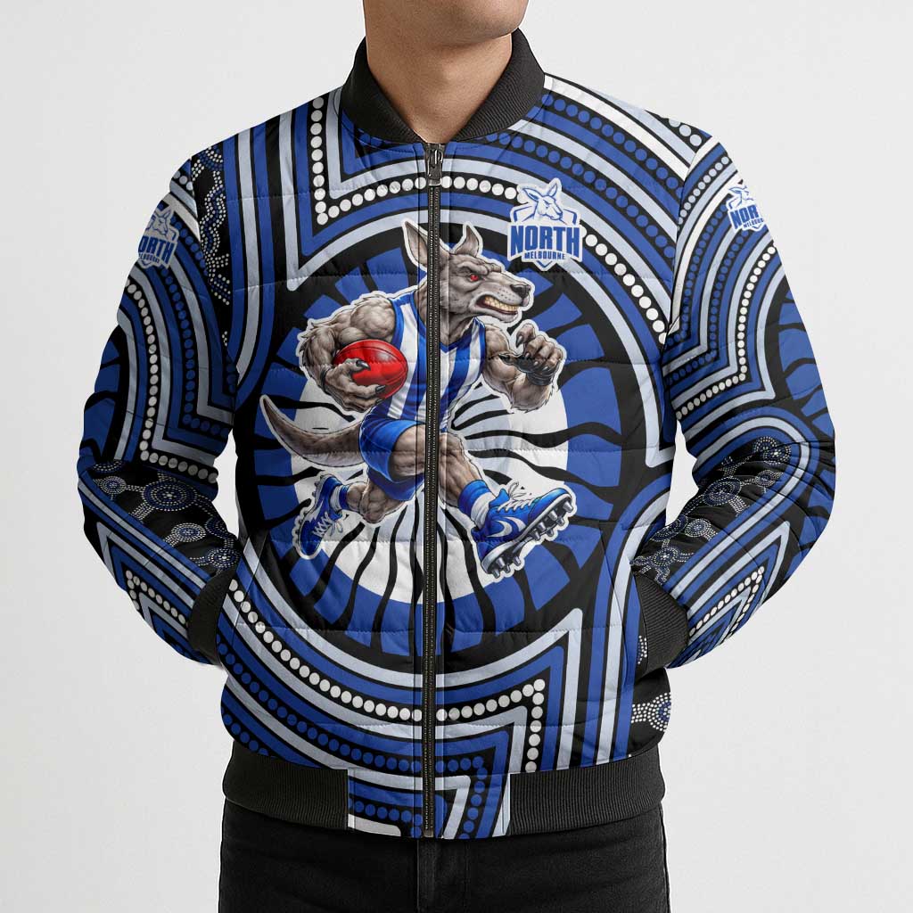 North Melbourne Kangaroos Bomber Puffer Jacket Indigenous Monochrome Dot Art Mascot Style