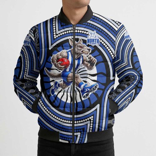 North Melbourne Kangaroos Bomber Puffer Jacket Indigenous Monochrome Dot Art Mascot Style