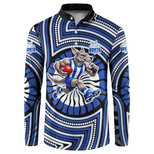 North Melbourne Kangaroos Button Sweatshirt Indigenous Monochrome Dot Art Mascot Style