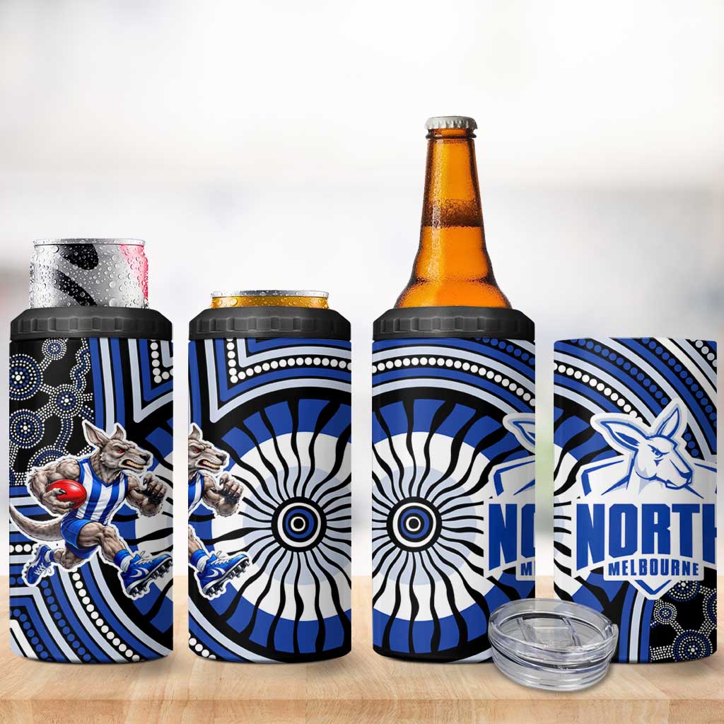 North Melbourne Kangaroos 4 in 1 Can Cooler Tumbler Indigenous Monochrome Dot Art Mascot Style