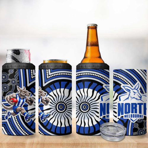 North Melbourne Kangaroos 4 in 1 Can Cooler Tumbler Indigenous Monochrome Dot Art Mascot Style