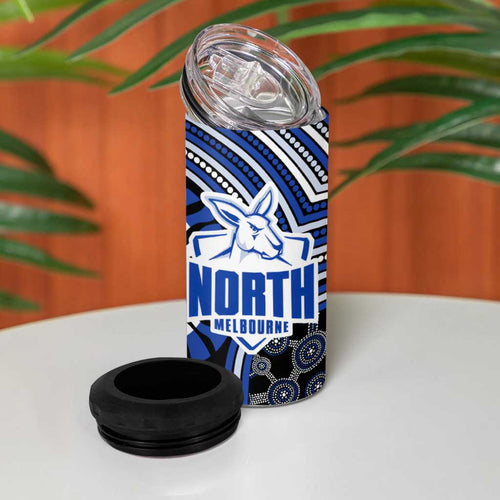 North Melbourne Kangaroos 4 in 1 Can Cooler Tumbler Indigenous Monochrome Dot Art Mascot Style