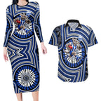 North Melbourne Kangaroos Couples Matching Long Sleeve Bodycon Dress and Hawaiian Shirt Indigenous Monochrome Dot Art Mascot Style