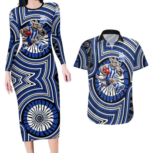 North Melbourne Kangaroos Couples Matching Long Sleeve Bodycon Dress and Hawaiian Shirt Indigenous Monochrome Dot Art Mascot Style