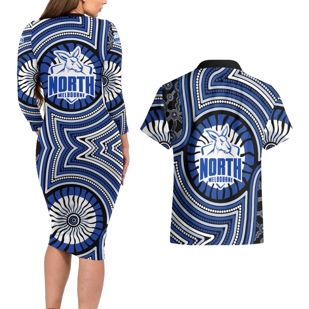 North Melbourne Kangaroos Couples Matching Long Sleeve Bodycon Dress and Hawaiian Shirt Indigenous Monochrome Dot Art Mascot Style