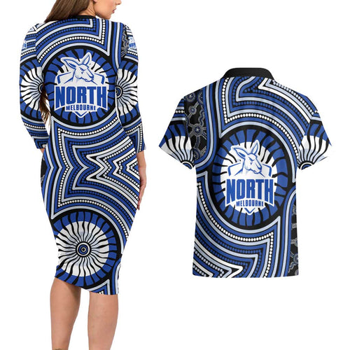 North Melbourne Kangaroos Couples Matching Long Sleeve Bodycon Dress and Hawaiian Shirt Indigenous Monochrome Dot Art Mascot Style