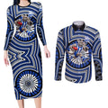 North Melbourne Kangaroos Couples Matching Long Sleeve Bodycon Dress and Long Sleeve Button Shirt Indigenous Monochrome Dot Art Mascot Style