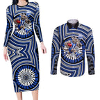 North Melbourne Kangaroos Couples Matching Long Sleeve Bodycon Dress and Long Sleeve Button Shirt Indigenous Monochrome Dot Art Mascot Style