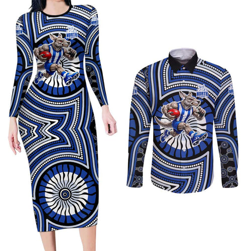 North Melbourne Kangaroos Couples Matching Long Sleeve Bodycon Dress and Long Sleeve Button Shirt Indigenous Monochrome Dot Art Mascot Style