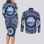 North Melbourne Kangaroos Couples Matching Long Sleeve Bodycon Dress and Long Sleeve Button Shirt Indigenous Monochrome Dot Art Mascot Style