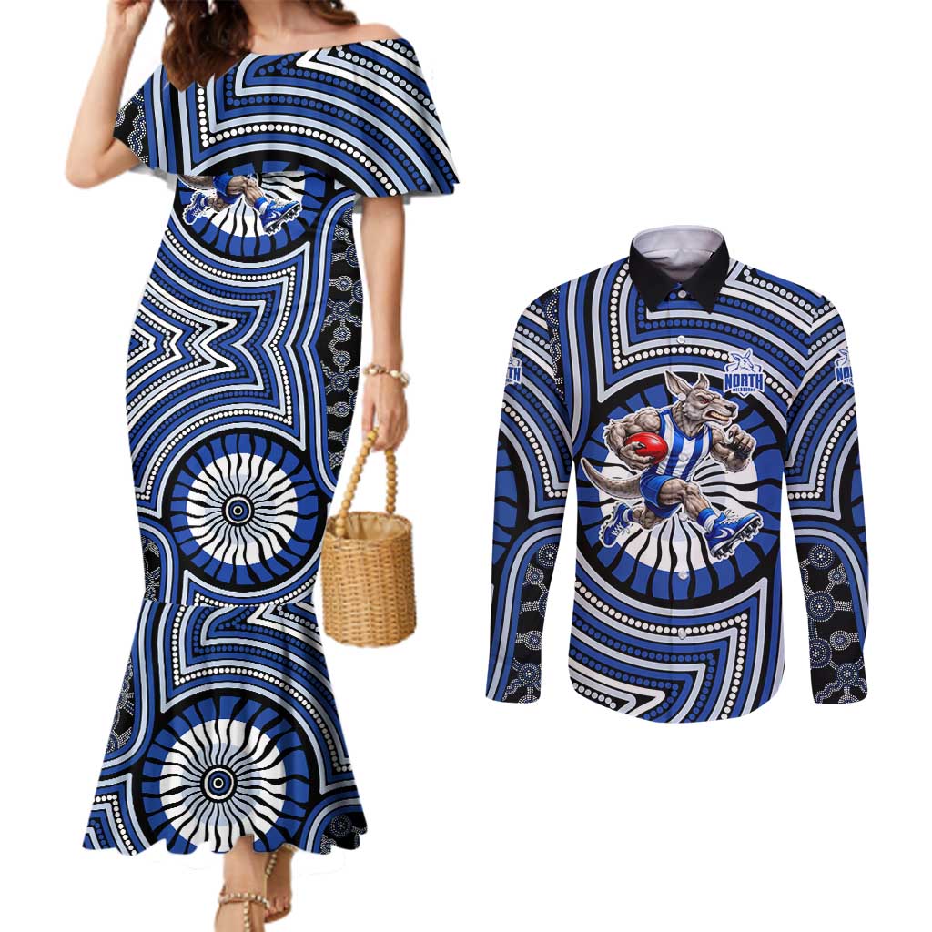 North Melbourne Kangaroos Couples Matching Mermaid Dress and Long Sleeve Button Shirt Indigenous Monochrome Dot Art Mascot Style