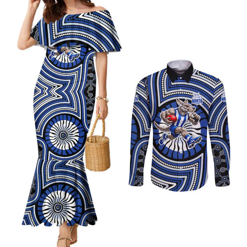 North Melbourne Kangaroos Couples Matching Mermaid Dress and Long Sleeve Button Shirt Indigenous Monochrome Dot Art Mascot Style