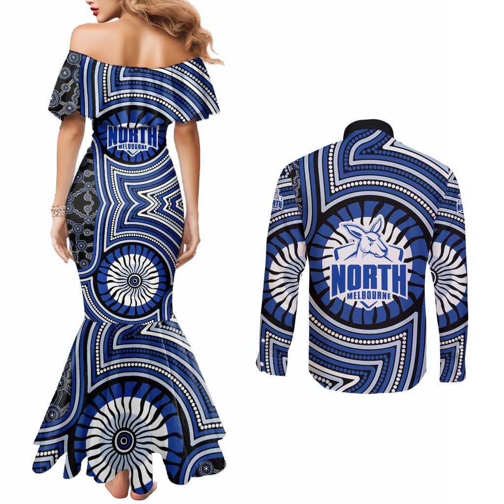 North Melbourne Kangaroos Couples Matching Mermaid Dress and Long Sleeve Button Shirt Indigenous Monochrome Dot Art Mascot Style