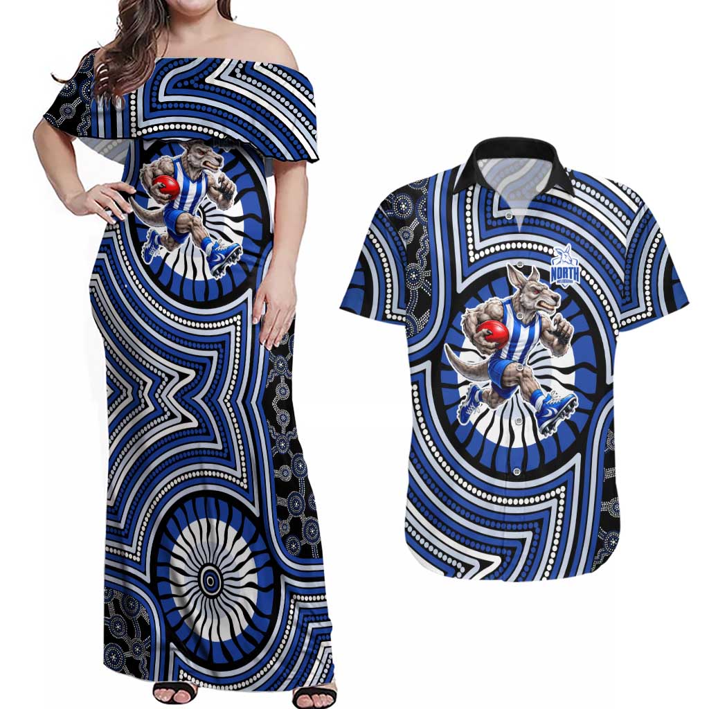 North Melbourne Kangaroos Couples Matching Off Shoulder Maxi Dress and Hawaiian Shirt Indigenous Monochrome Dot Art Mascot Style