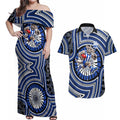 North Melbourne Kangaroos Couples Matching Off Shoulder Maxi Dress and Hawaiian Shirt Indigenous Monochrome Dot Art Mascot Style