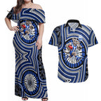 North Melbourne Kangaroos Couples Matching Off Shoulder Maxi Dress and Hawaiian Shirt Indigenous Monochrome Dot Art Mascot Style