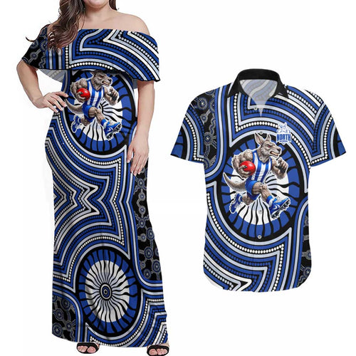 North Melbourne Kangaroos Couples Matching Off Shoulder Maxi Dress and Hawaiian Shirt Indigenous Monochrome Dot Art Mascot Style