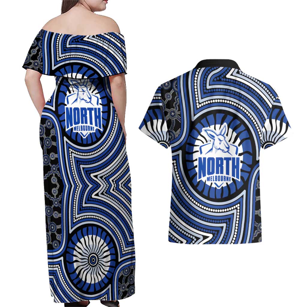 North Melbourne Kangaroos Couples Matching Off Shoulder Maxi Dress and Hawaiian Shirt Indigenous Monochrome Dot Art Mascot Style
