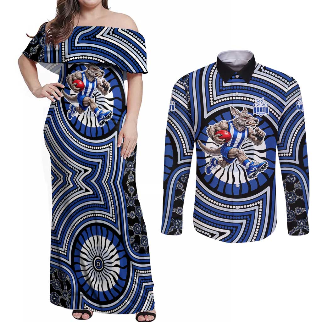 North Melbourne Kangaroos Couples Matching Off Shoulder Maxi Dress and Long Sleeve Button Shirt Indigenous Monochrome Dot Art Mascot Style