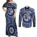 North Melbourne Kangaroos Couples Matching Off Shoulder Maxi Dress and Long Sleeve Button Shirt Indigenous Monochrome Dot Art Mascot Style