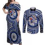 North Melbourne Kangaroos Couples Matching Off Shoulder Maxi Dress and Long Sleeve Button Shirt Indigenous Monochrome Dot Art Mascot Style