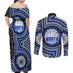 North Melbourne Kangaroos Couples Matching Off Shoulder Maxi Dress and Long Sleeve Button Shirt Indigenous Monochrome Dot Art Mascot Style