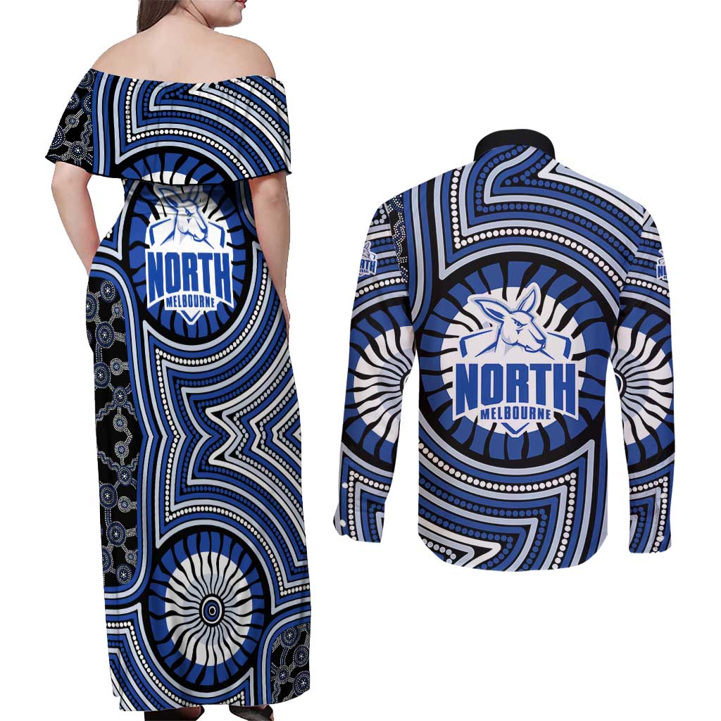 North Melbourne Kangaroos Couples Matching Off Shoulder Maxi Dress and Long Sleeve Button Shirt Indigenous Monochrome Dot Art Mascot Style