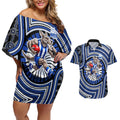 North Melbourne Kangaroos Couples Matching Off Shoulder Short Dress and Hawaiian Shirt Indigenous Monochrome Dot Art Mascot Style