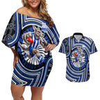 North Melbourne Kangaroos Couples Matching Off Shoulder Short Dress and Hawaiian Shirt Indigenous Monochrome Dot Art Mascot Style