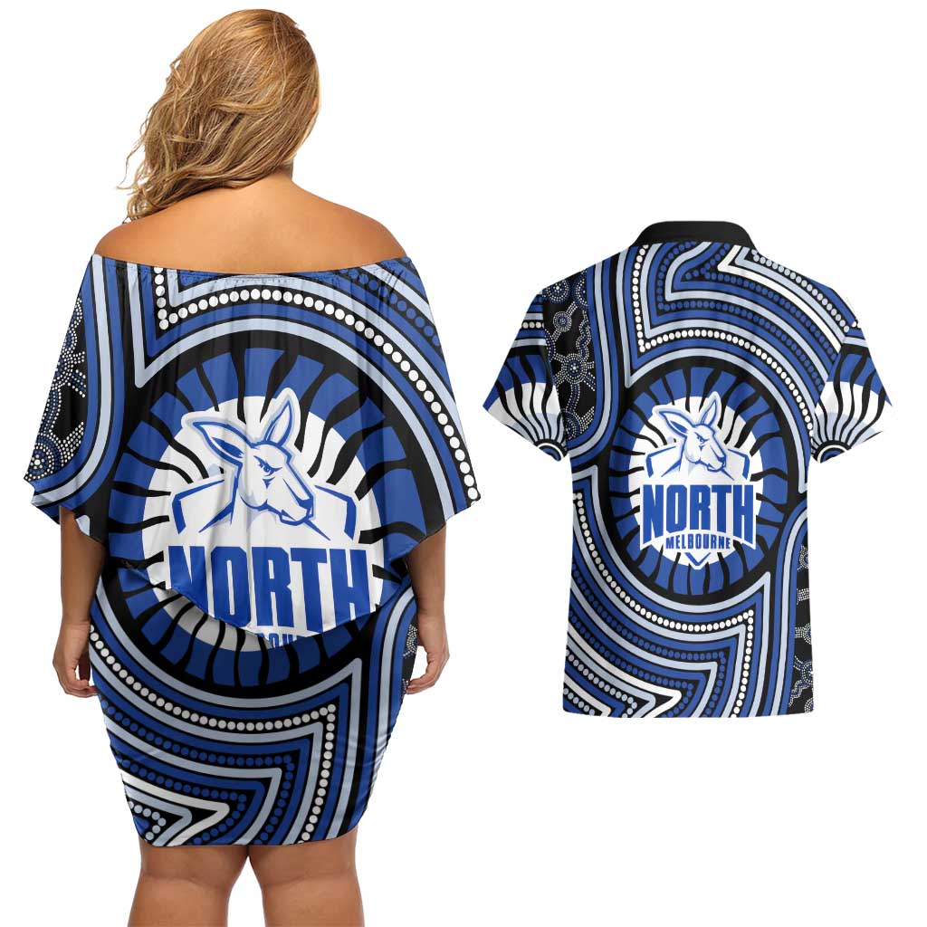 North Melbourne Kangaroos Couples Matching Off Shoulder Short Dress and Hawaiian Shirt Indigenous Monochrome Dot Art Mascot Style