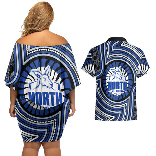 North Melbourne Kangaroos Couples Matching Off Shoulder Short Dress and Hawaiian Shirt Indigenous Monochrome Dot Art Mascot Style