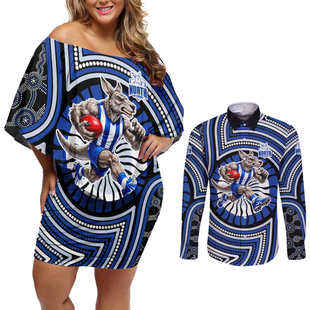 North Melbourne Kangaroos Couples Matching Off Shoulder Short Dress and Long Sleeve Button Shirt Indigenous Monochrome Dot Art Mascot Style