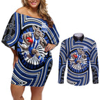 North Melbourne Kangaroos Couples Matching Off Shoulder Short Dress and Long Sleeve Button Shirt Indigenous Monochrome Dot Art Mascot Style