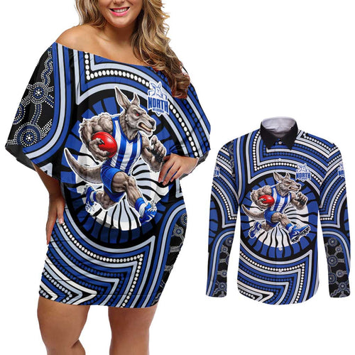 North Melbourne Kangaroos Couples Matching Off Shoulder Short Dress and Long Sleeve Button Shirt Indigenous Monochrome Dot Art Mascot Style