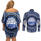 North Melbourne Kangaroos Couples Matching Off Shoulder Short Dress and Long Sleeve Button Shirt Indigenous Monochrome Dot Art Mascot Style